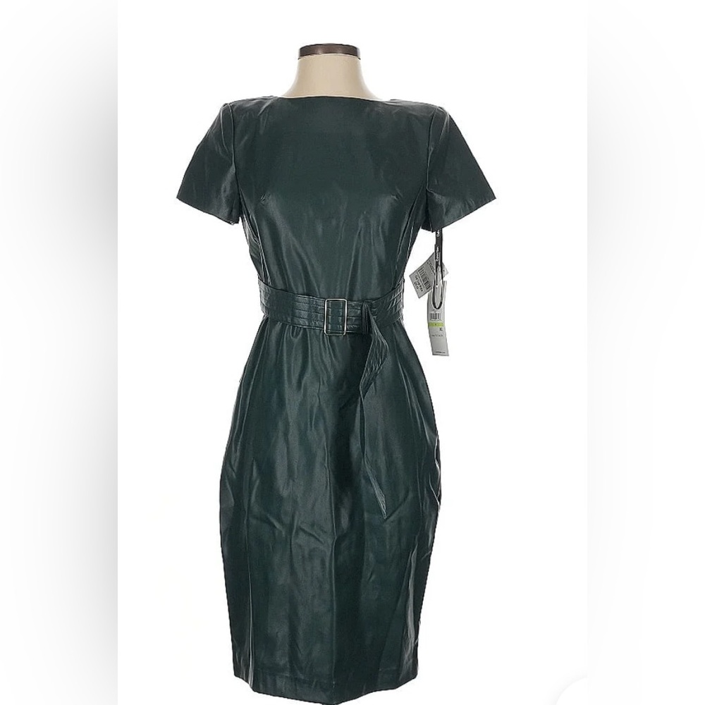 Calvin Klein Dark Green Belted Faux Leather Dress